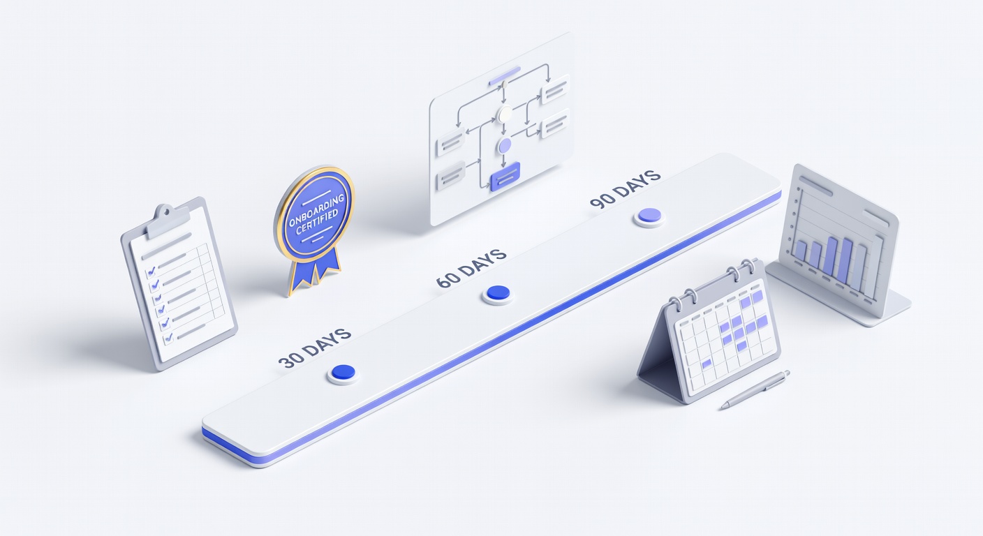 Timeline graphic of 30-60-90 day onboarding plan