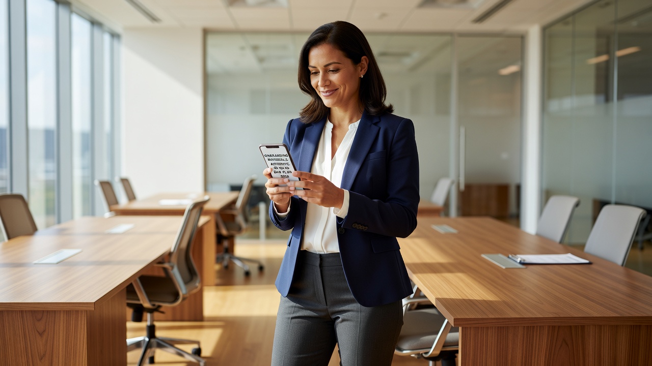 Woman viewing 30-60-90 day onboarding plan 2026 on phone in sunlit training room