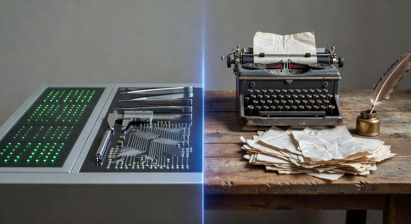 Metaphorical workbench showing AI content automation vs manual blog management contrast