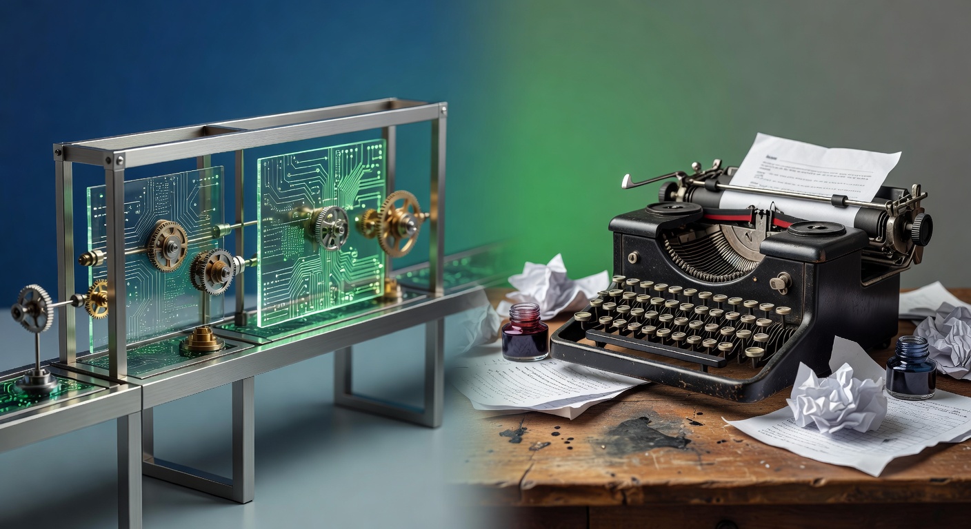 AI content automation vs traditional blog management metaphor with assembly line and typewriter
