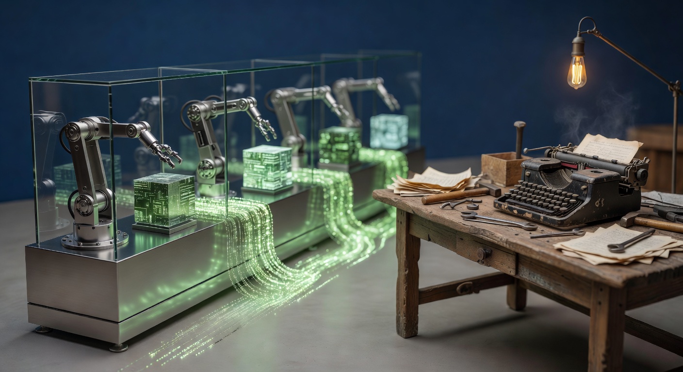 AI content automation vs traditional blog management assembly line metaphor