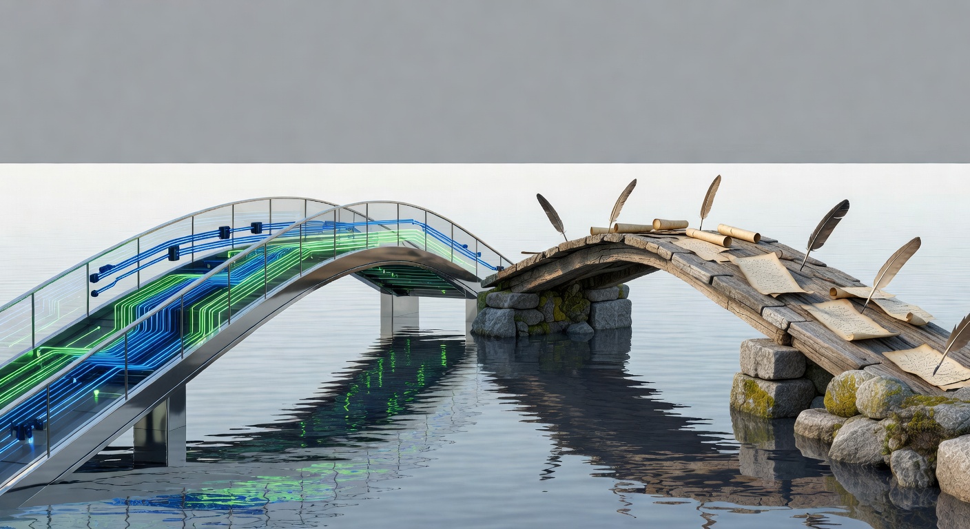 Bridge metaphor illustrating AI content automation vs traditional blog management