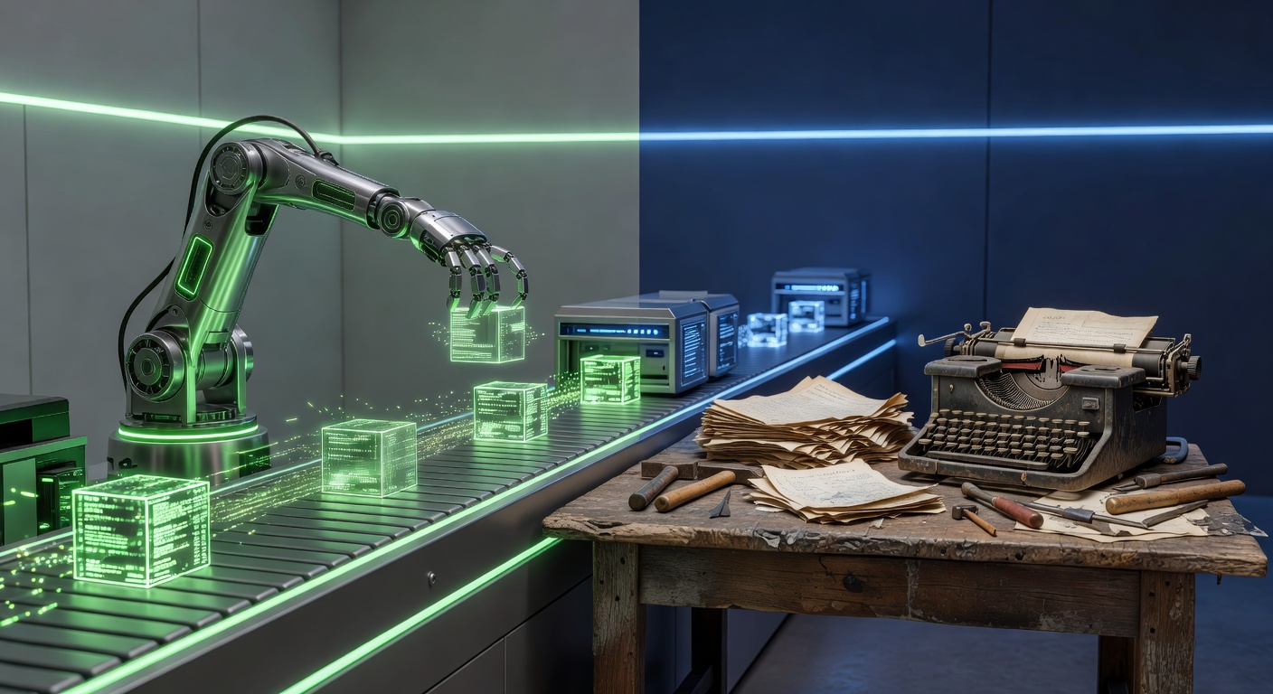 Metaphorical factory scene comparing AI content automation vs traditional CMS