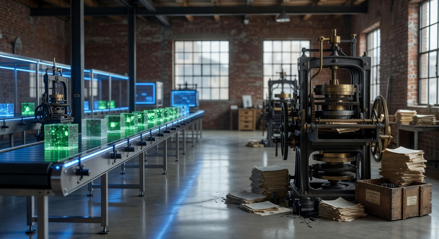 AI content automation vs traditional CMS depicted as assembly line contrast
