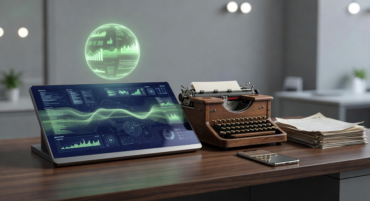 Futuristic AI content automation vs traditional CMS control panel metaphor illustration