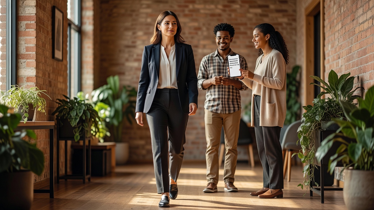 Confident professional in sunlit hallway for AI employee onboarding 2026