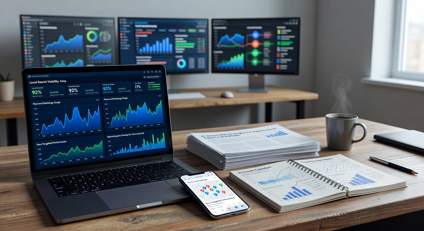 AI local SEO optimization tools on modern office desk setup