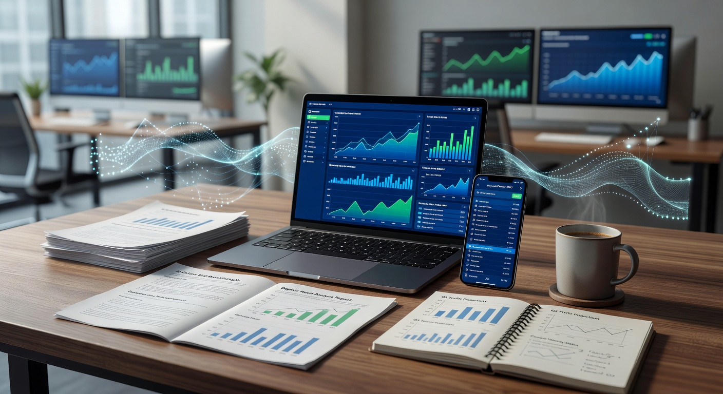Office setup illustrating organic traffic growth with AI content tools 2026