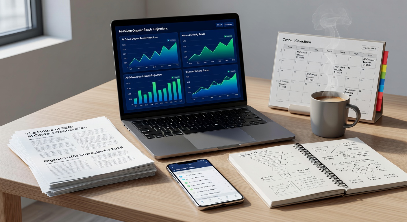 Office desk with tools for organic traffic growth with AI content tools 2026