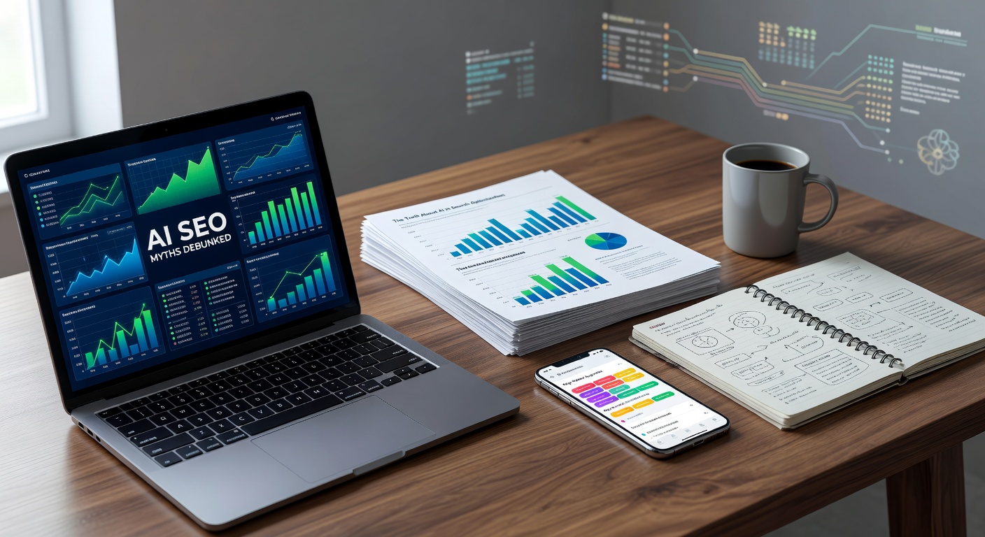 Dynamic office setup illustrating AI SEO myths debunked for 2026 strategies
