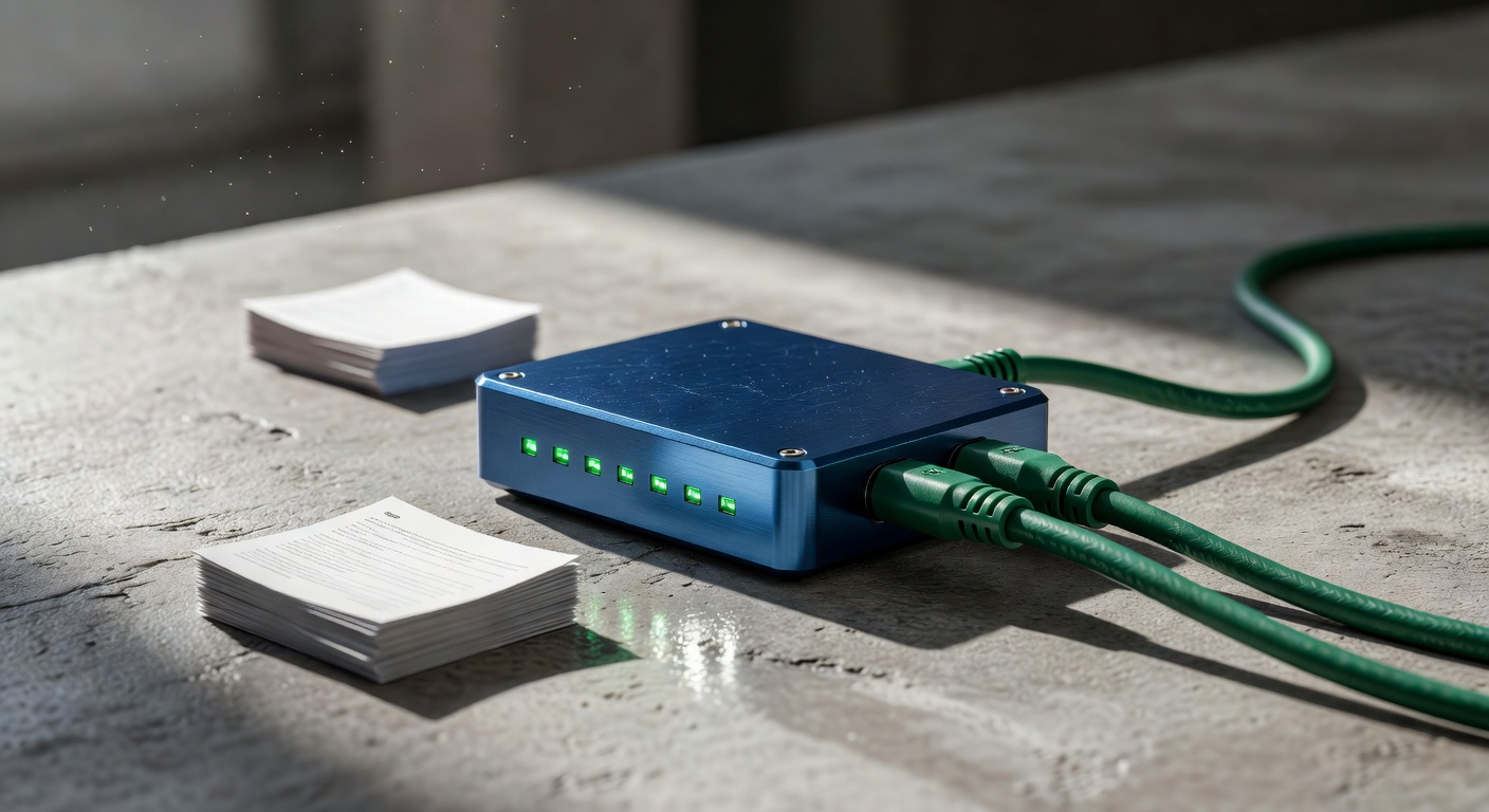 Hero metallic hub with cable linking paper stacks for AI content automation for multiple websites SEO