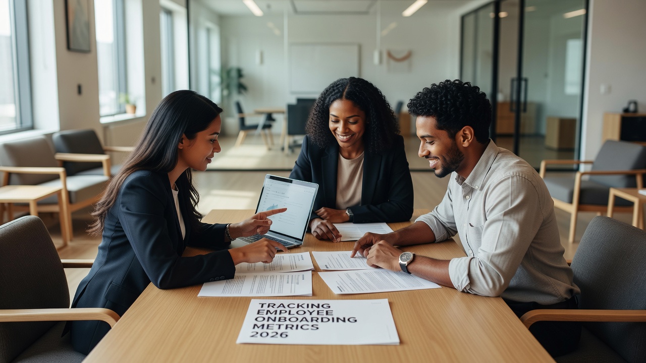 Team reviewing employee onboarding metrics 2026 around lounge table