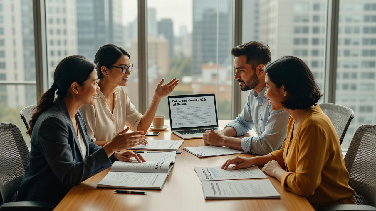 Team discussing AI employee onboarding 2026 in glass meeting room