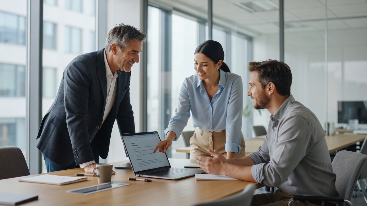 Candid colleagues collaborating on buddy system onboarding 2026 in bright office