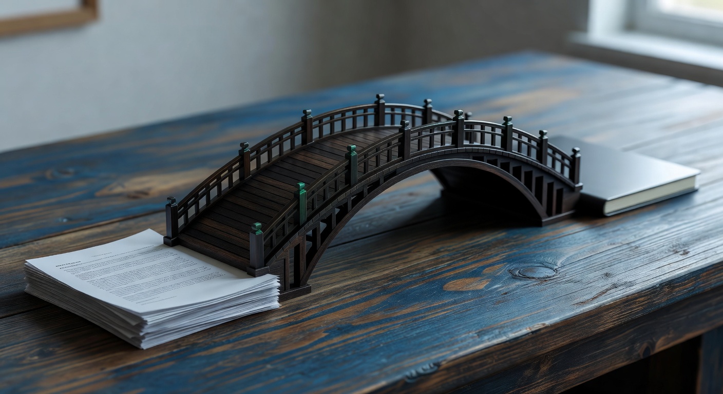 Wooden bridge model on workbench representing AI tools for managing multiple websites SEO content