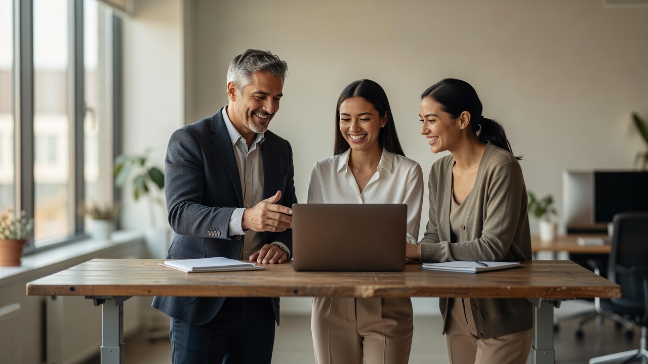 Team laughing at standing desk during buddy system onboarding 2026