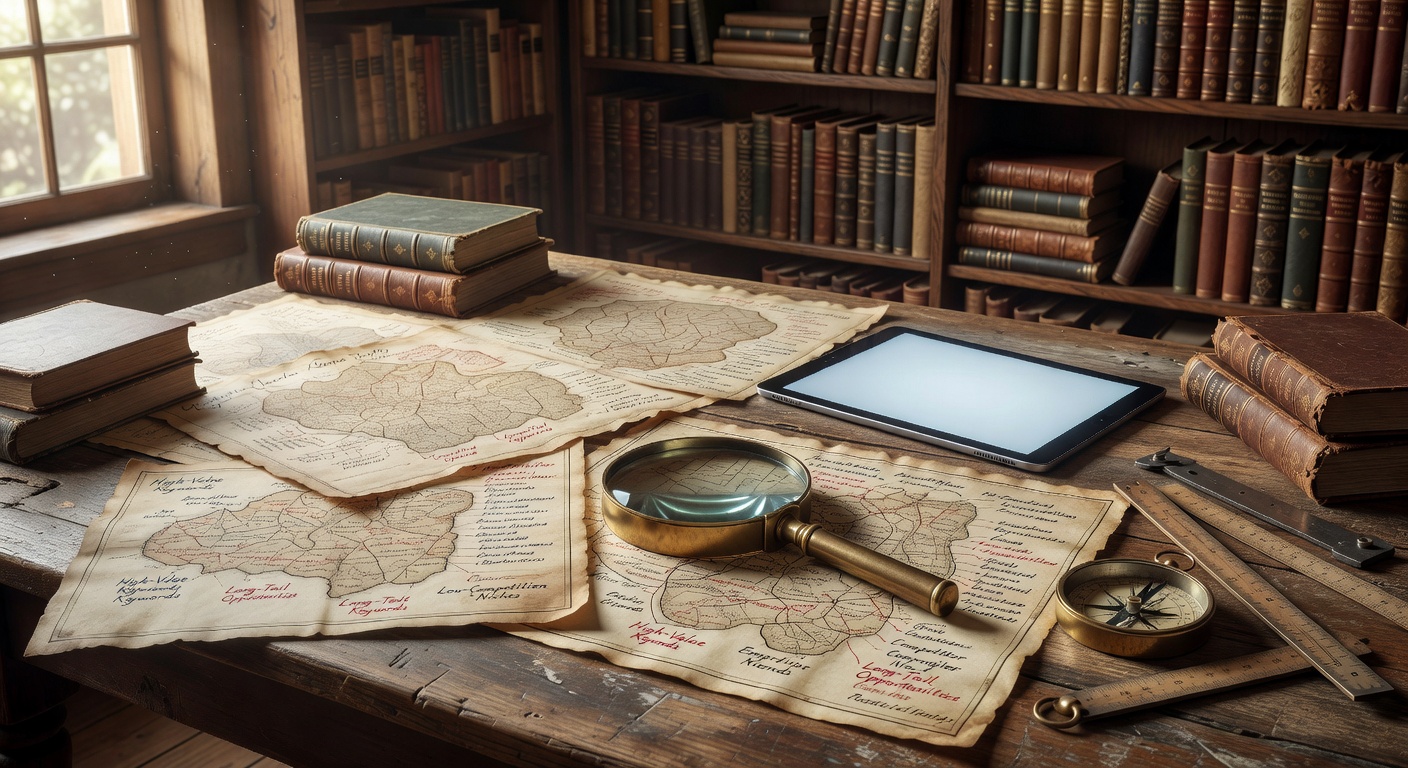 Vintage cartographer workshop illustrating AI tools for automated keyword research comparison