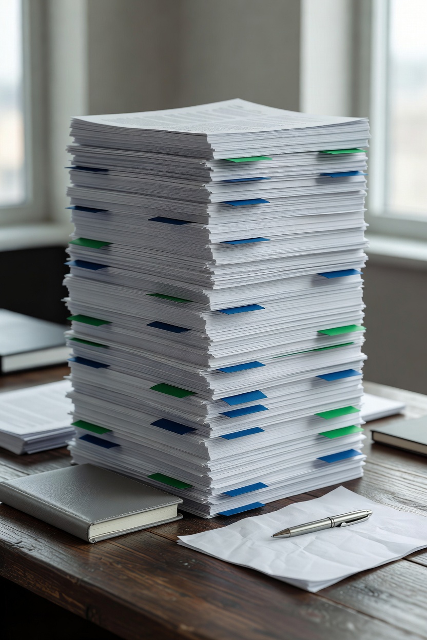 Tower of printed SEO articles for AI content automation for agencies managing multiple websites