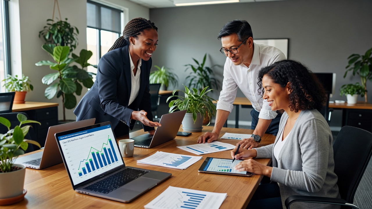 Diverse team collaborating on managing SEO for multiple websites agencies AI around office table