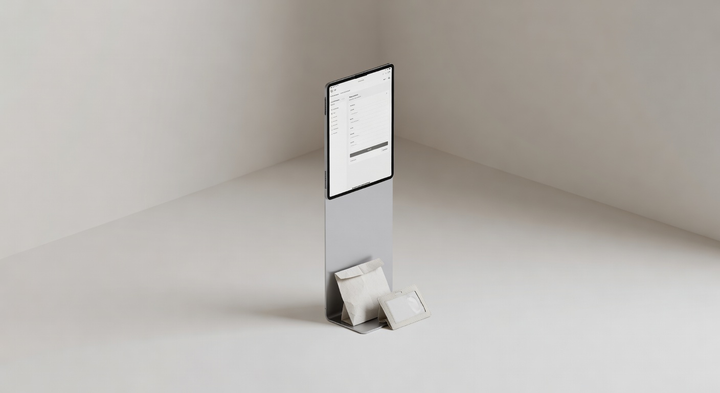 Isometric scene of tall digital onboarding station with checklist items for staffing agencies temporary workers
