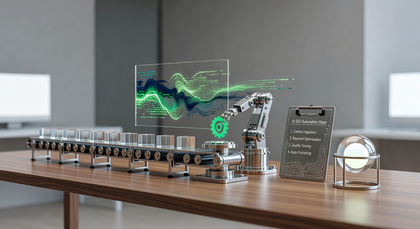 AI content automation checklist for SEO as precision assembly line illustration