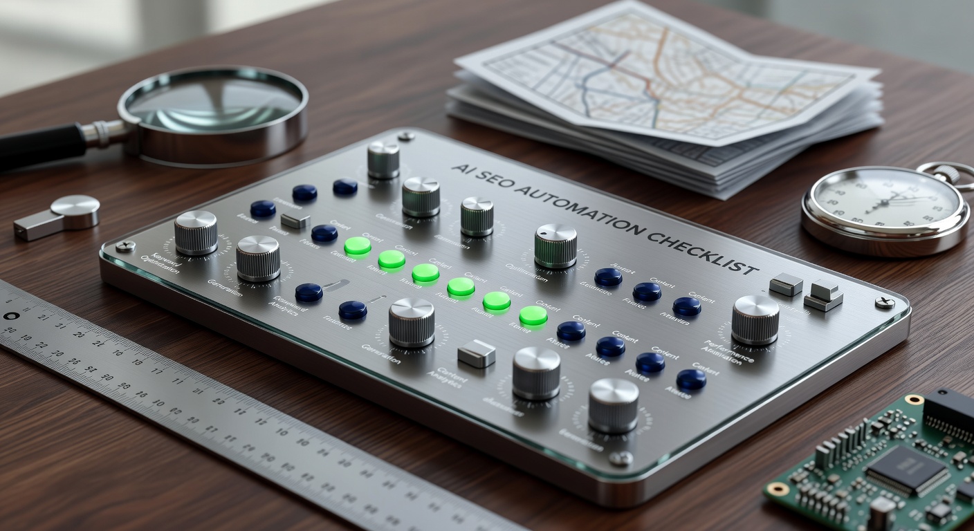 Futuristic control panel illustrating AI content automation checklist for SEO