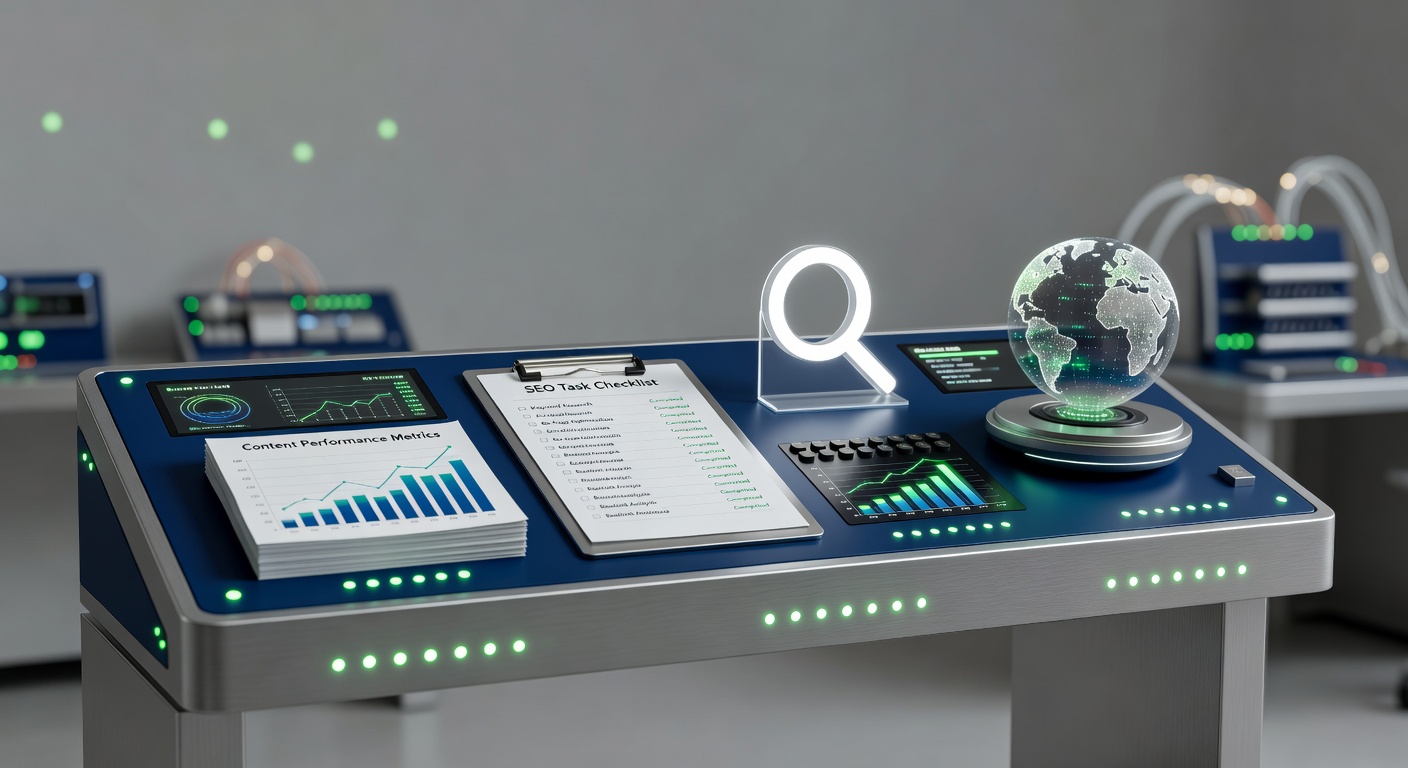 AI content automation checklist for SEO with tech console illustration
