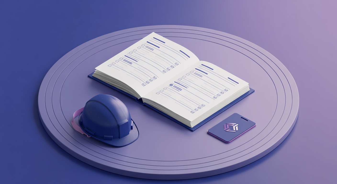 isometric illustration of onboarding checklist for staffing agencies with binder and safety tools on pedestal