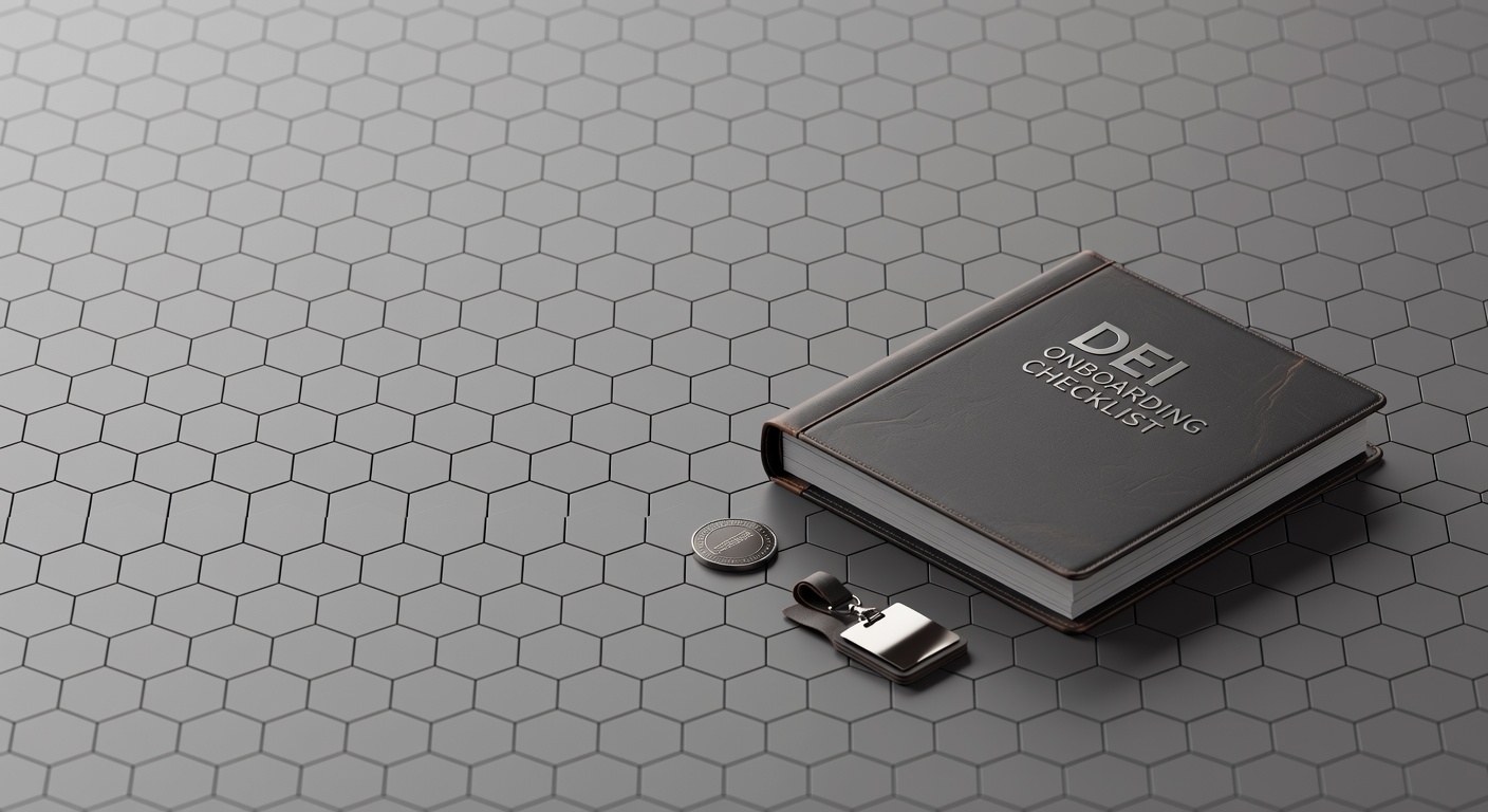 Isometric DEI onboarding checklist binder on hexagonal grid tiles