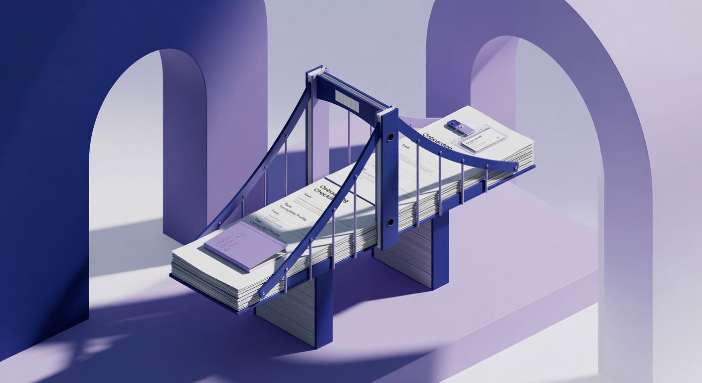 Isometric illustration of architectural bridge as DEI onboarding checklist