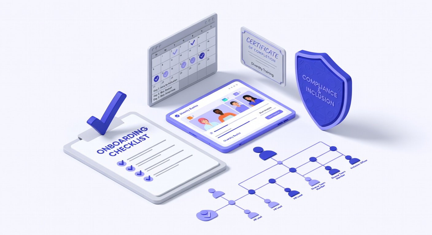 Diversity training onboarding checklist illustration with checklist and compliance symbols
