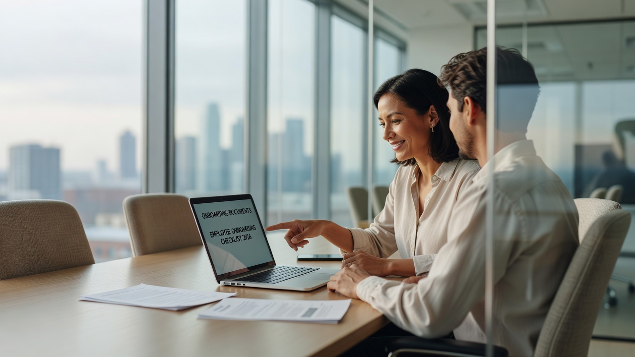 Focused professional mentoring new hire with employee onboarding checklist 2026 in glass office