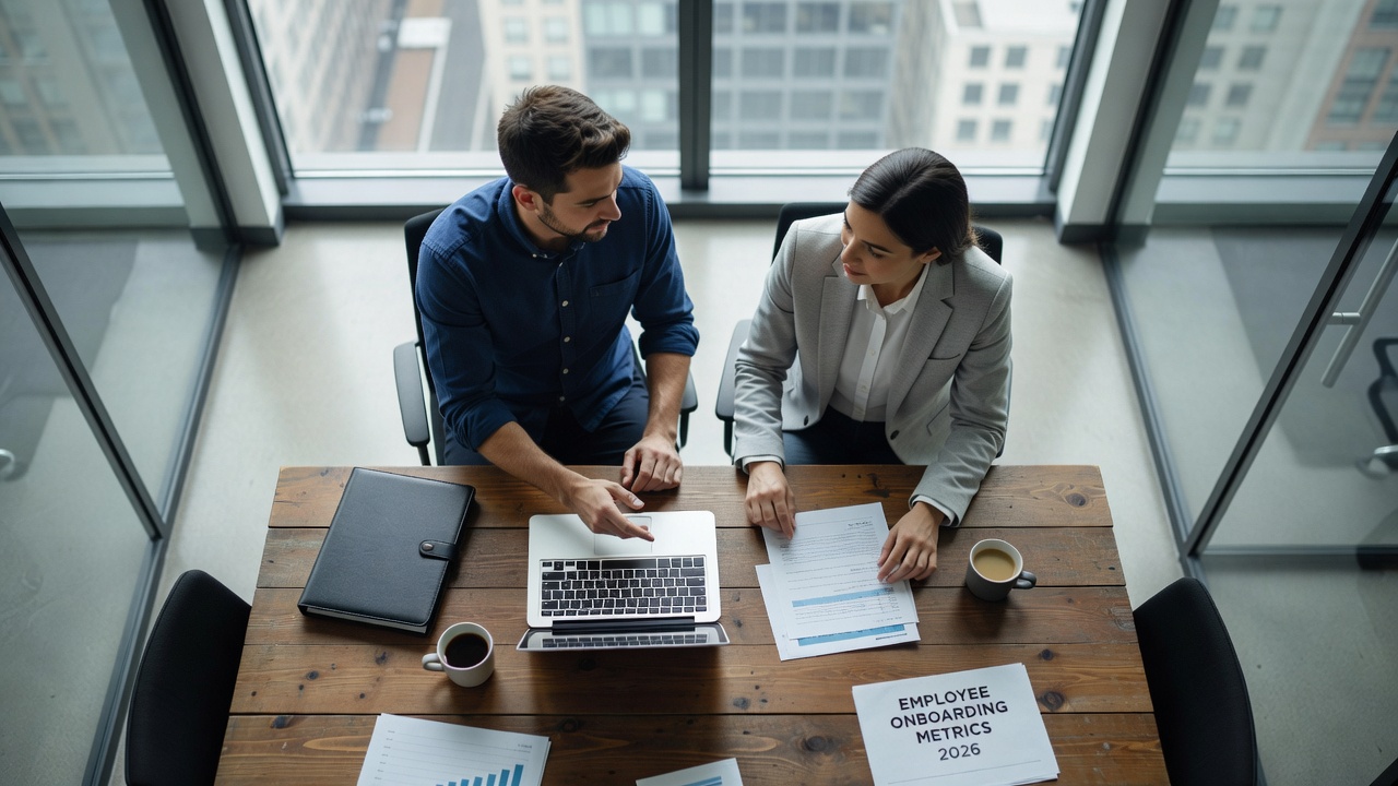 Two colleagues discussing employee onboarding metrics 2026 in glass meeting room