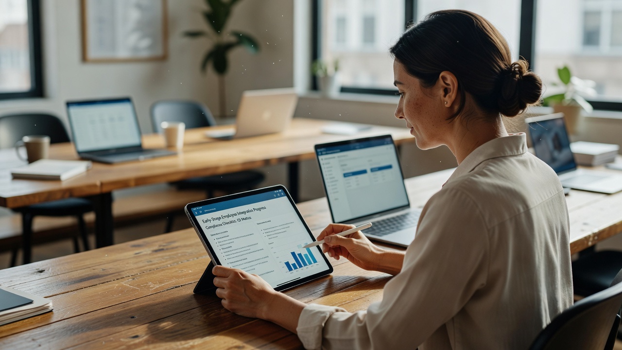 Professional reviewing employee onboarding metrics 2026 at collaborative worktable