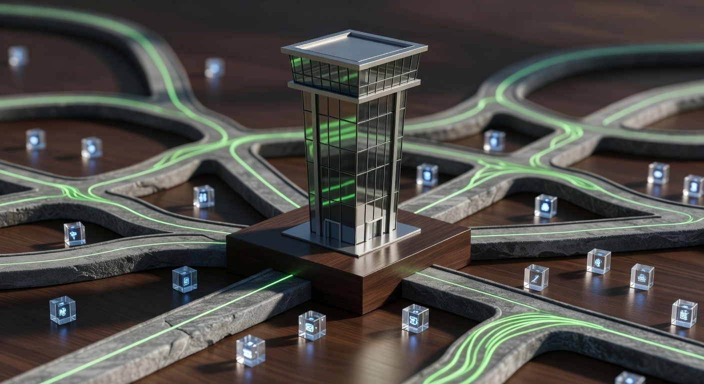 Control tower metaphor for AI integration multi-site organic traffic FAQ illustration