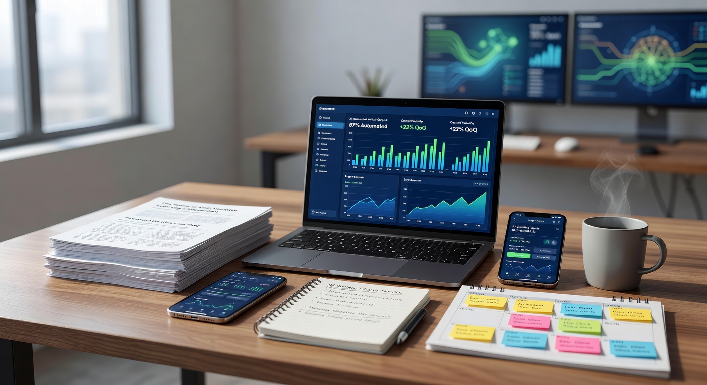 Office desk with AI tools for how to automate blog content with AI for agencies