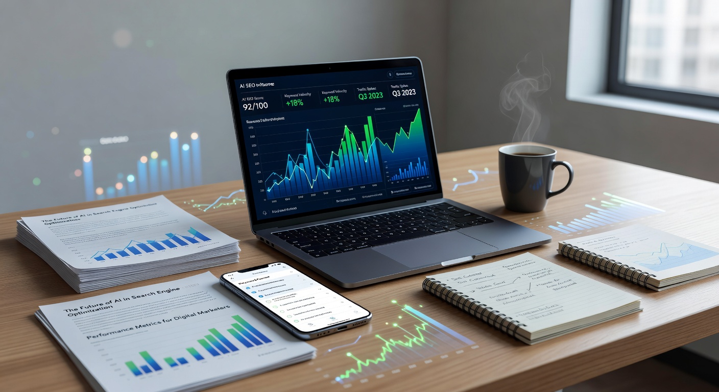 AI SEO performance tracking dashboard on laptop with analytics tools
