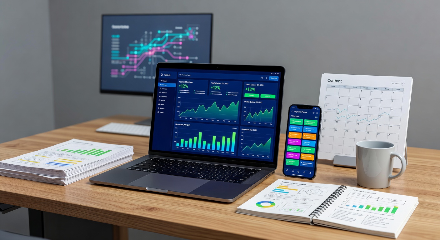 AI SEO performance tracking tools on modern office desk setup