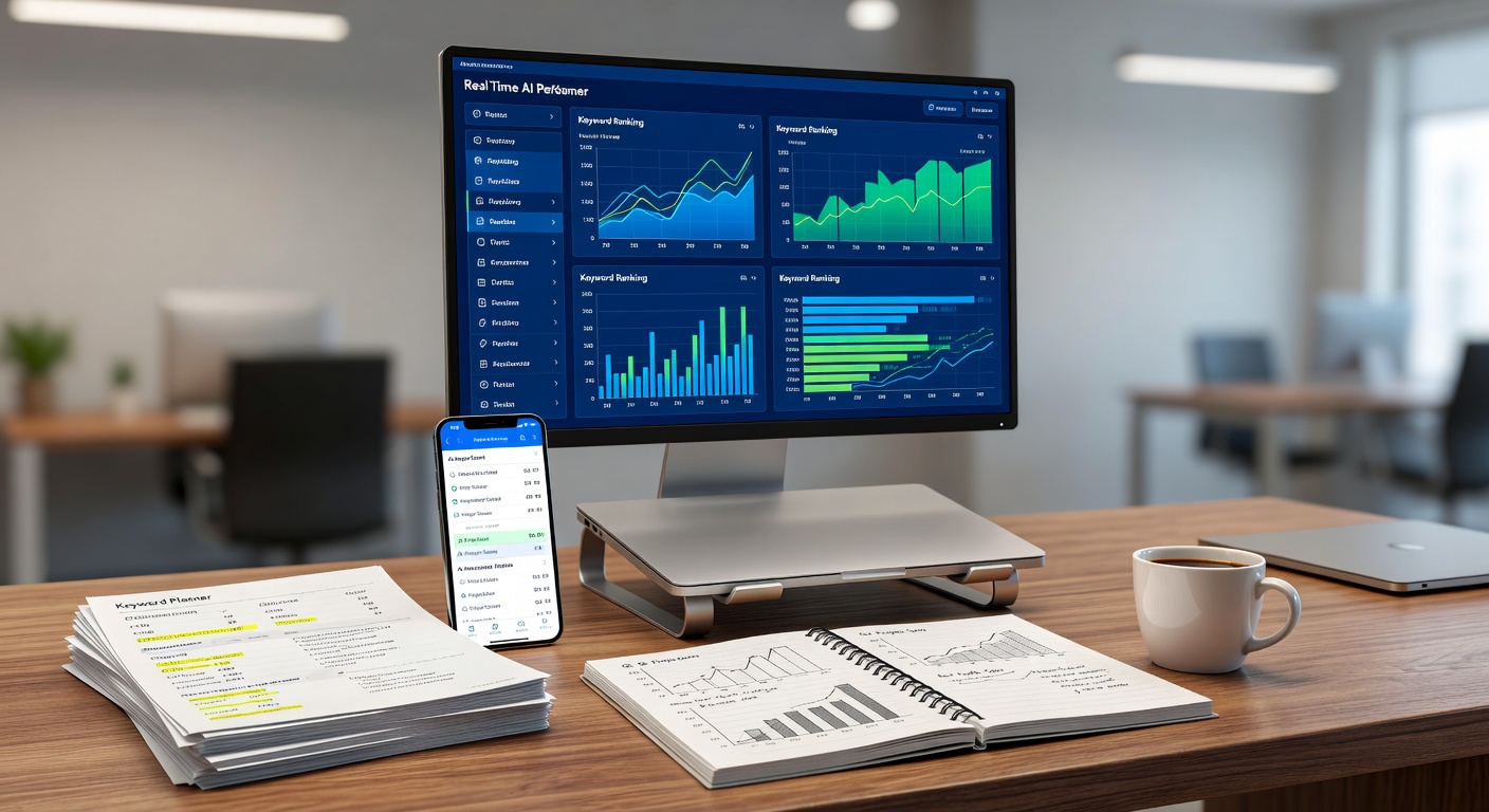 Modern office desk with AI SEO performance tracking dashboard and tools