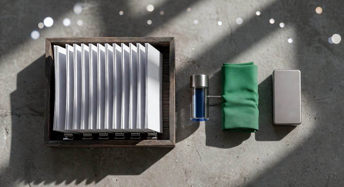 Flat-lay of wooden paper rack and metal automation elements for AI content automation for multiple websites SEO
