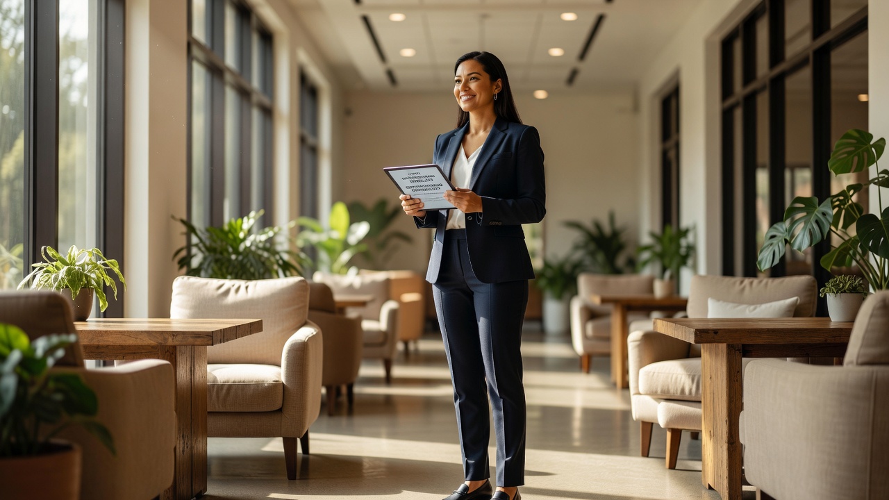 Professional pausing with tablet in sunlit lounge for how to onboard remote employees 2026