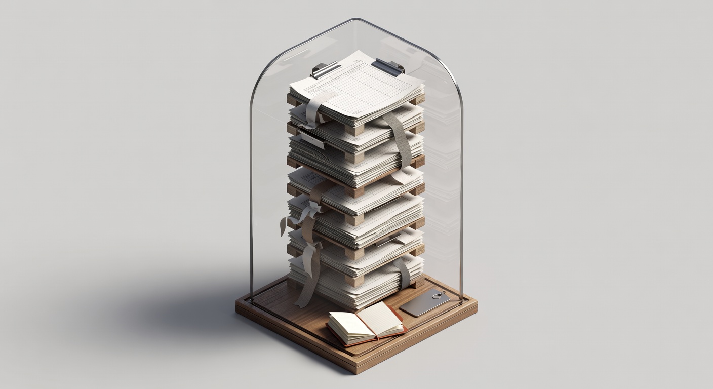 Isometric sculpture of onboarding forms inside glass dome for how to onboard remote employees