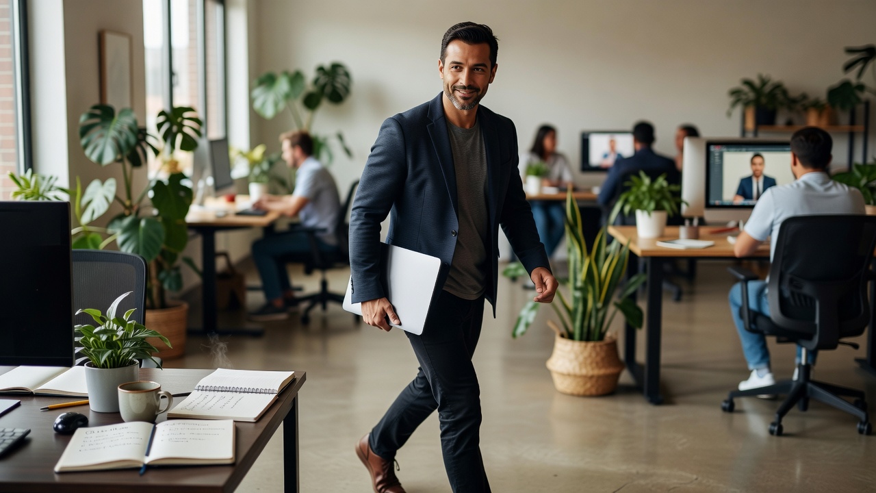 Professional walking through hybrid onboarding best practices 2026 office space