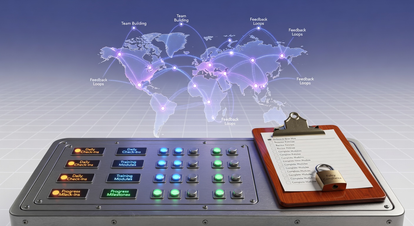 Hybrid work onboarding checklist illustrated as a control tower setup