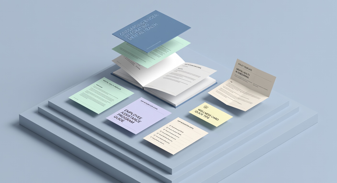 Exploded onboarding binder showing mental health resources integrating mental health into employee onboarding