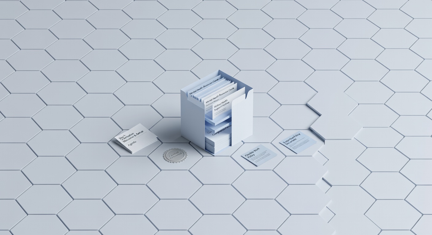 Isometric cutaway of onboarding packet integrating mental health resources with forms on hexagonal grid