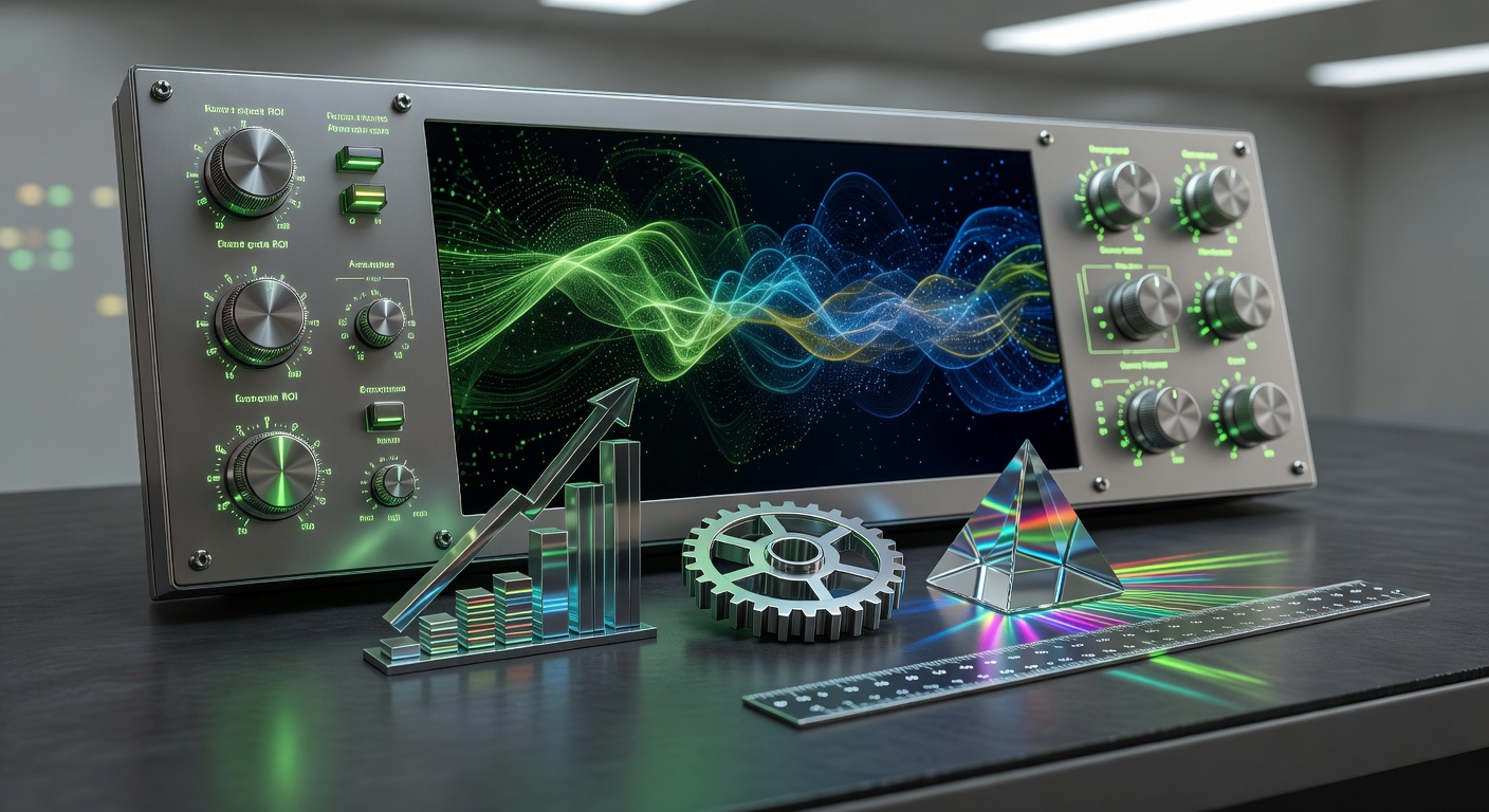 Futuristic control panel illustrating AI content automation ROI 2026 metrics