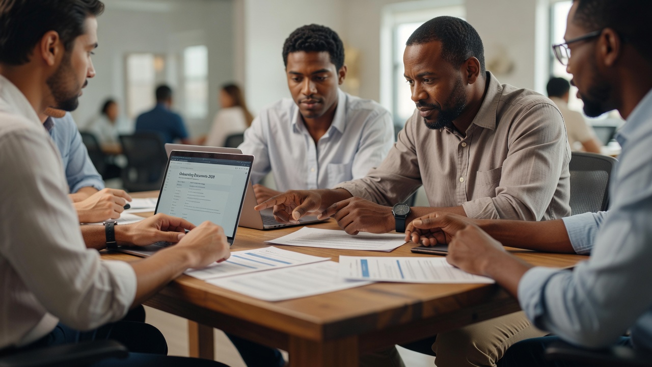 Worm's eye view hands mentoring new hire retention onboarding 2026 at shared workstation