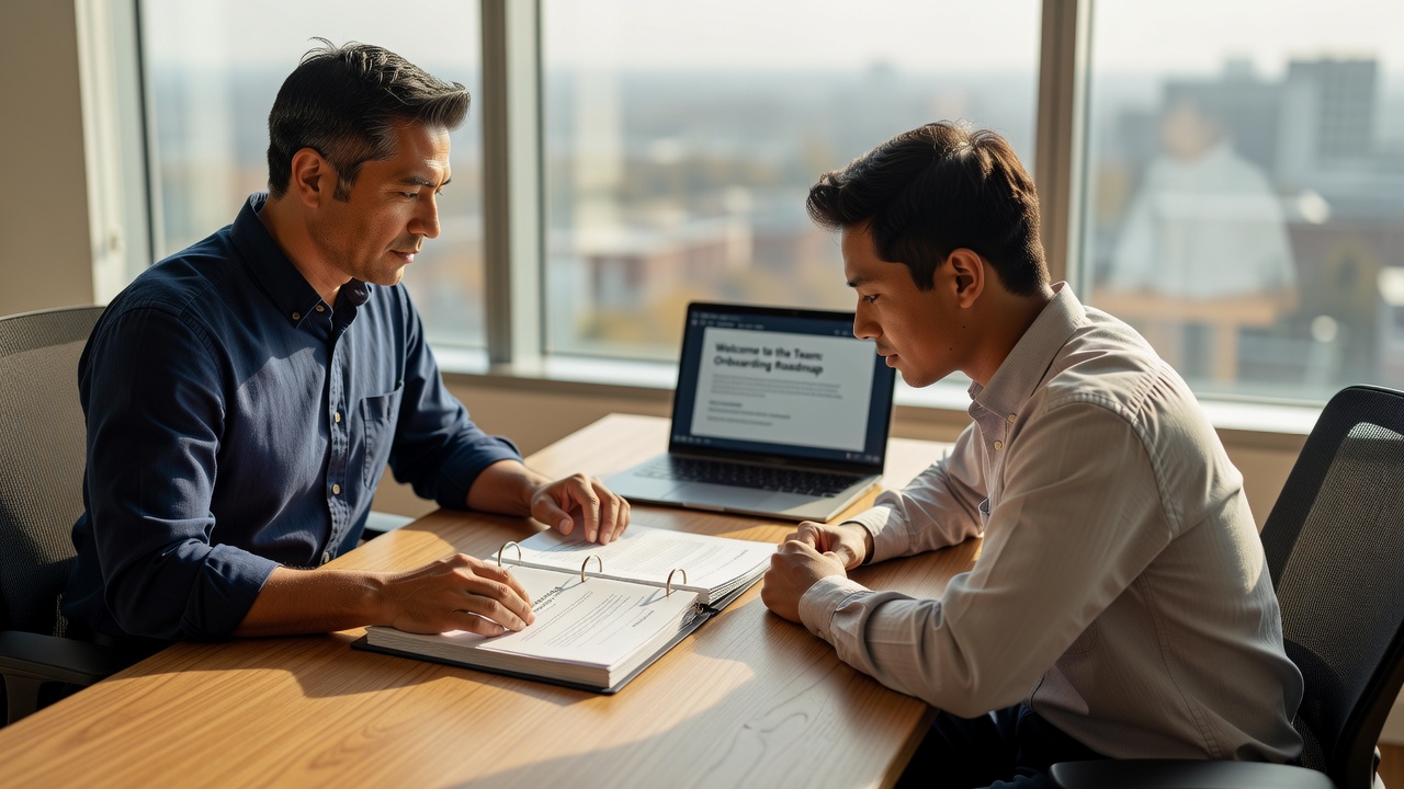Manager guiding new hire through onboarding documents near windows for new hire retention onboarding 2026