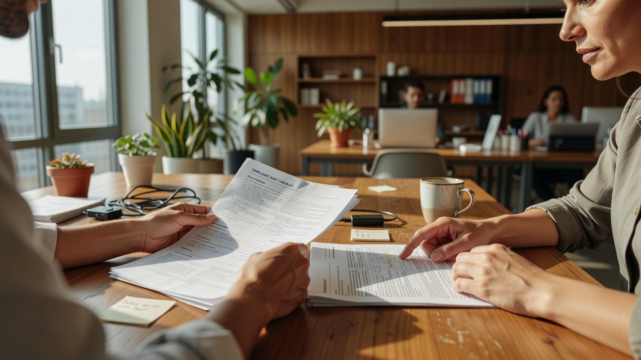 Hands reviewing onboarding compliance checklist 2026 at sunlit modern office workstation